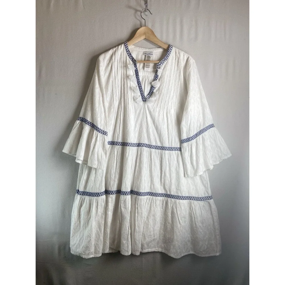 Tommy Bahama Cotton Clip Embroidered Tiered Cover Up Dress White & Blue Size XL - Picture 4 of 11